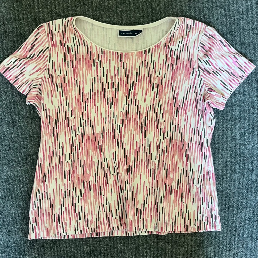 Karen Scott Womens Pink Abstract Dash Print Short Sleeve Scoop Neck Top Size M